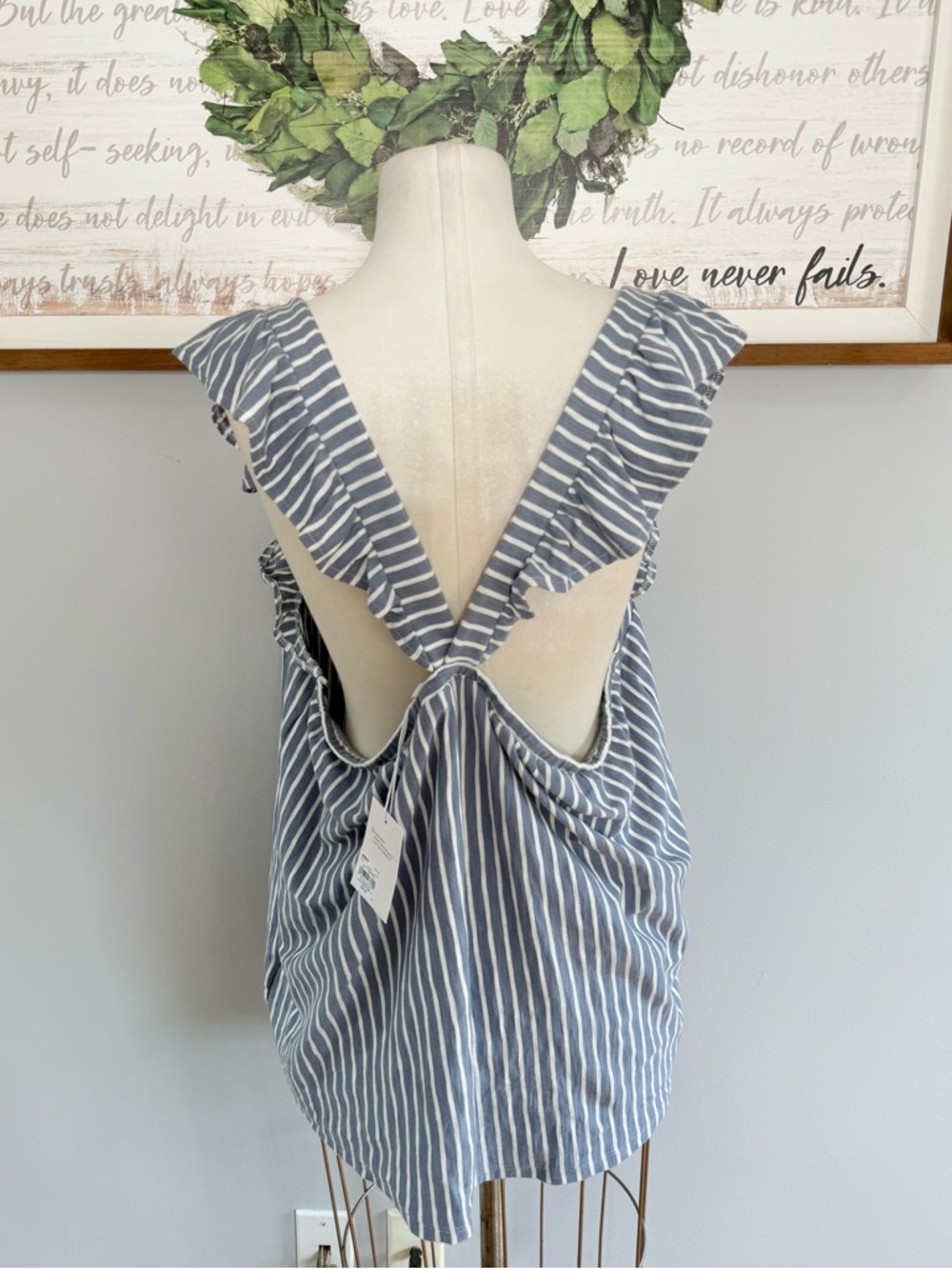2x , 3x. LC Lauren Conrad Blue and White Striped Ruffle Sleeve Tank - Picture 7 of 10